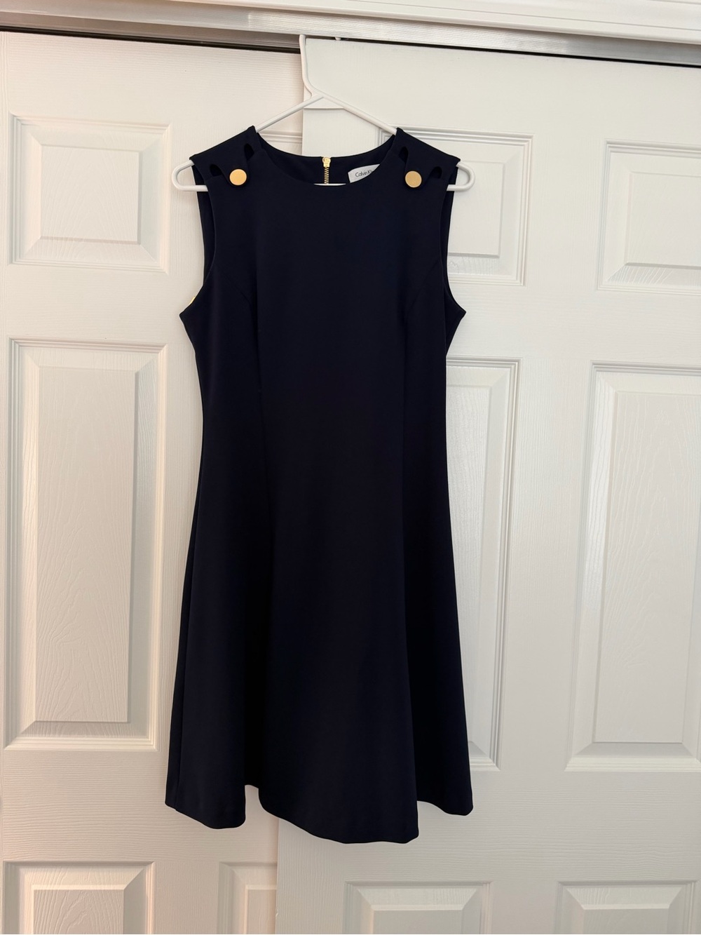 Calvin Klein Navy Sleeveless A-Line Dress with Gold Button Detail